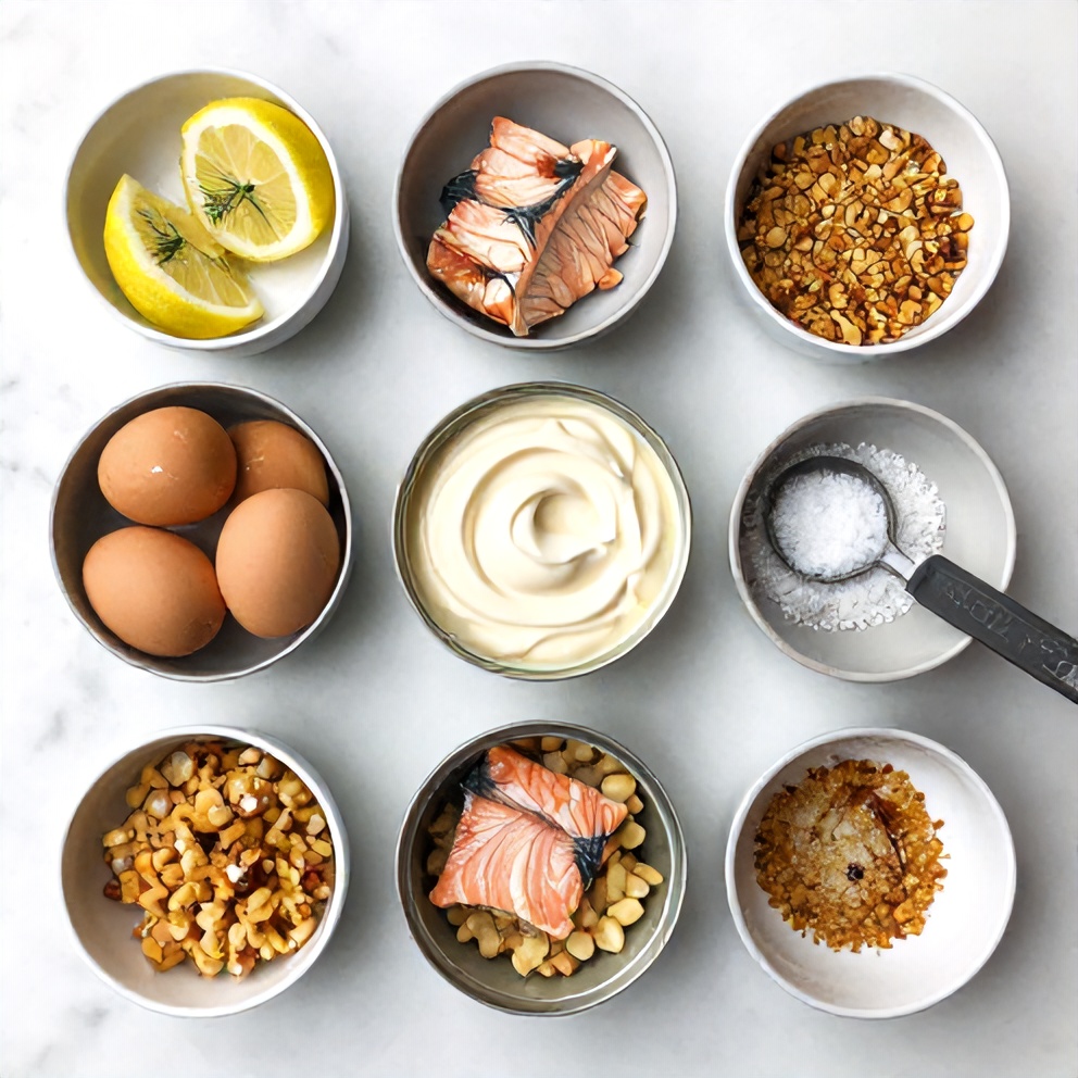 Raw ingredients for salmon cakes including canned salmon, breadcrumbs, and dill