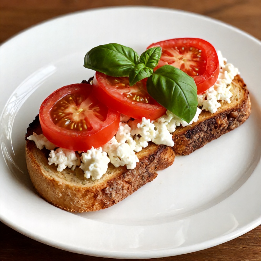 Plated Tomato and Cottage Cheese Toast with fresh basil