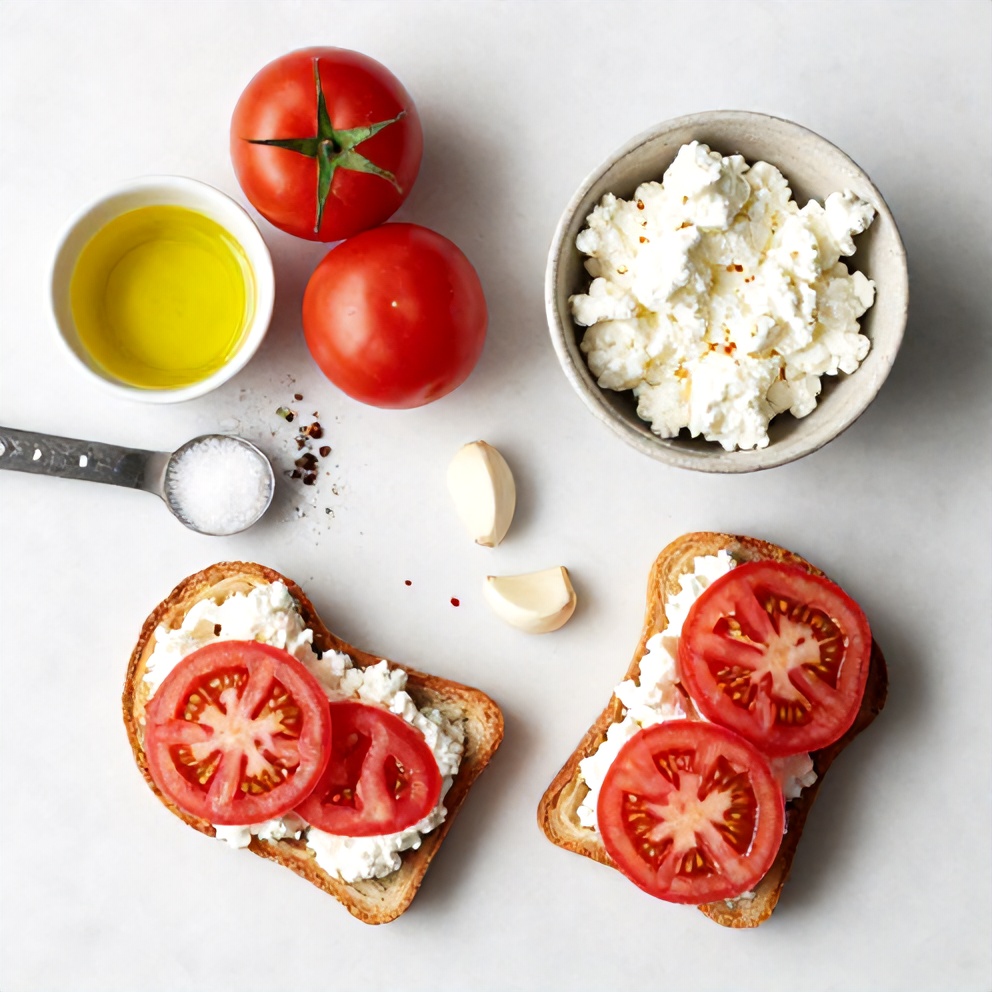 Raw ingredients for Tomato and Cottage Cheese Toast on a marble surface