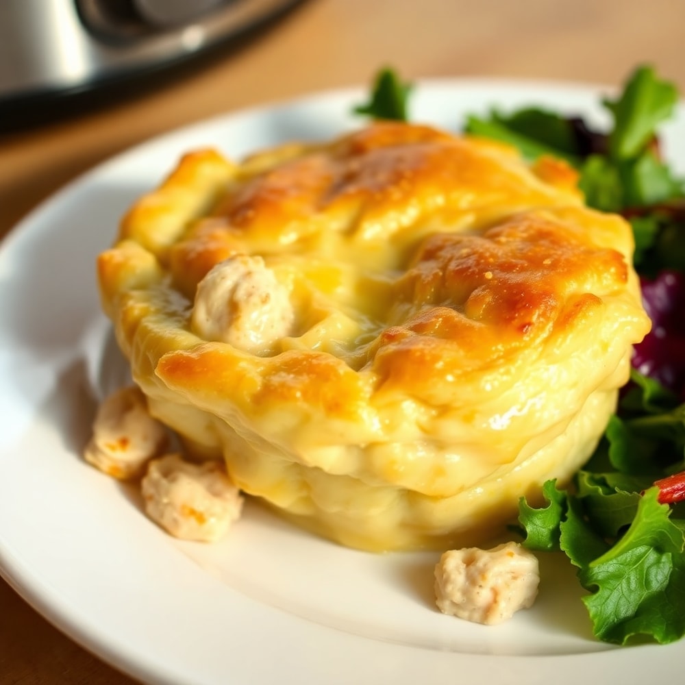 Plated serving of Crockpot Chicken Pot Pie with a side of mixed greens