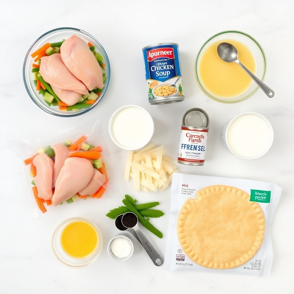 Raw ingredients for Crockpot Chicken Pot Pie including chicken, mixed vegetables, cream of chicken soup, and refrigerated pie crust