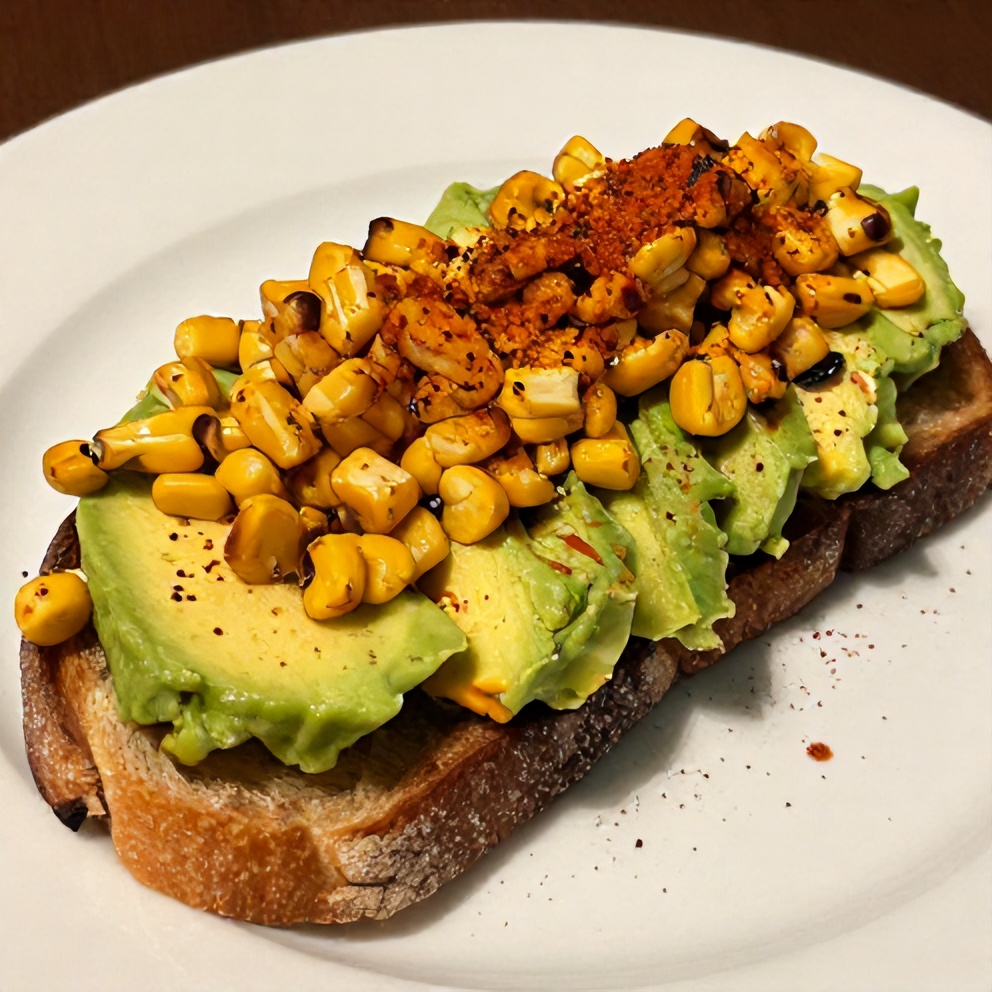 Plated Esquites Avocado Toast with a sprinkle of chili powder