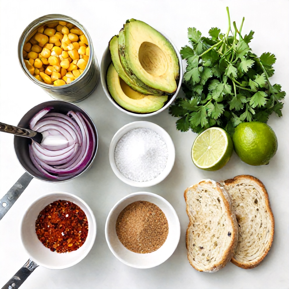 Raw ingredients for Esquites Avocado Toast on a marble surface