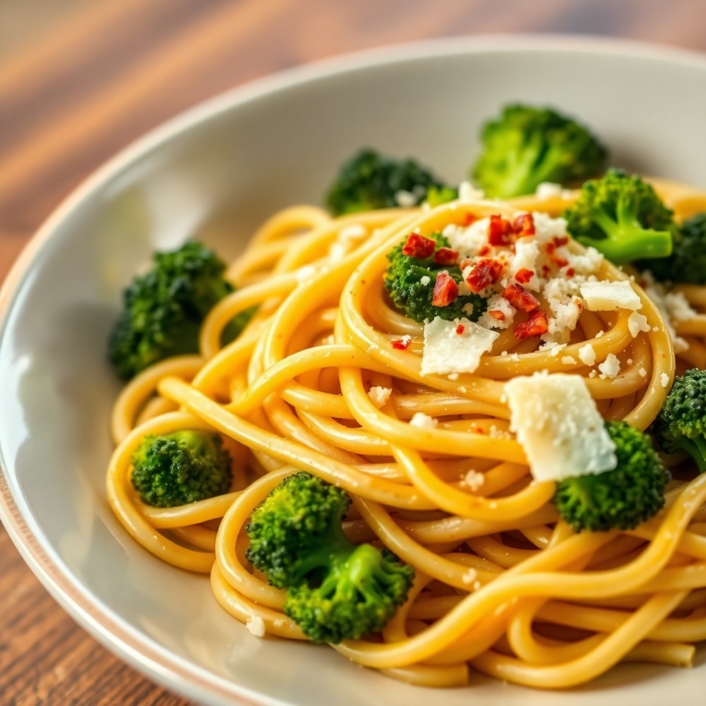 Garlic Broccoli Stir-Fry with Pasta on a plate