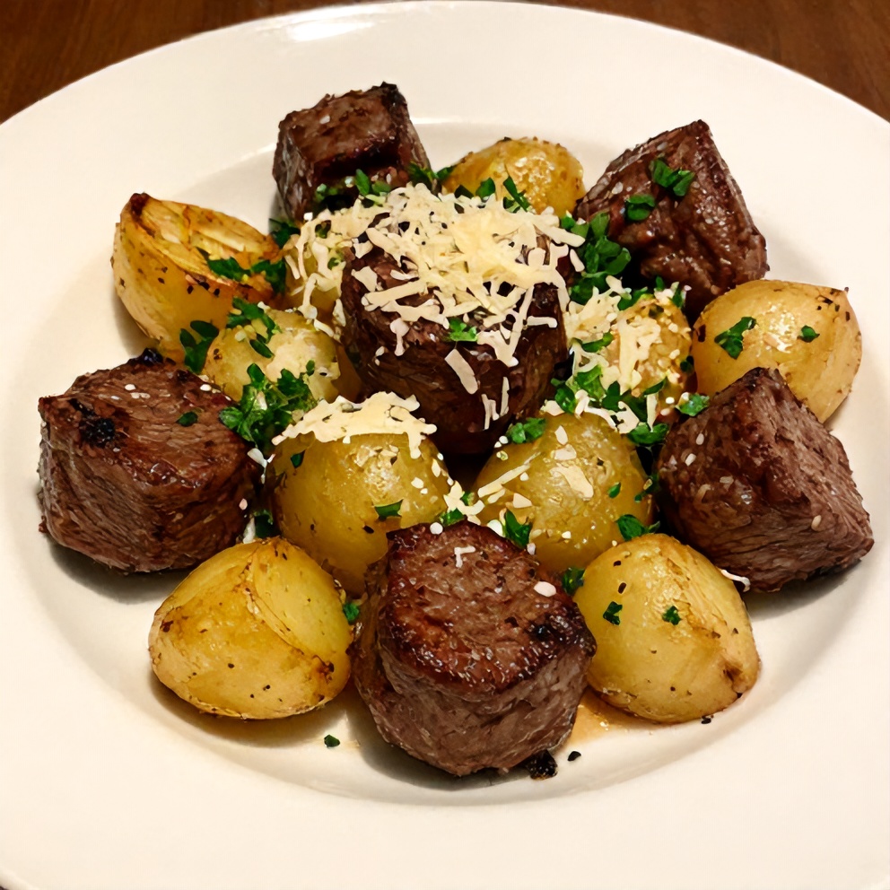 Plated garlic butter steak bites with potatoes