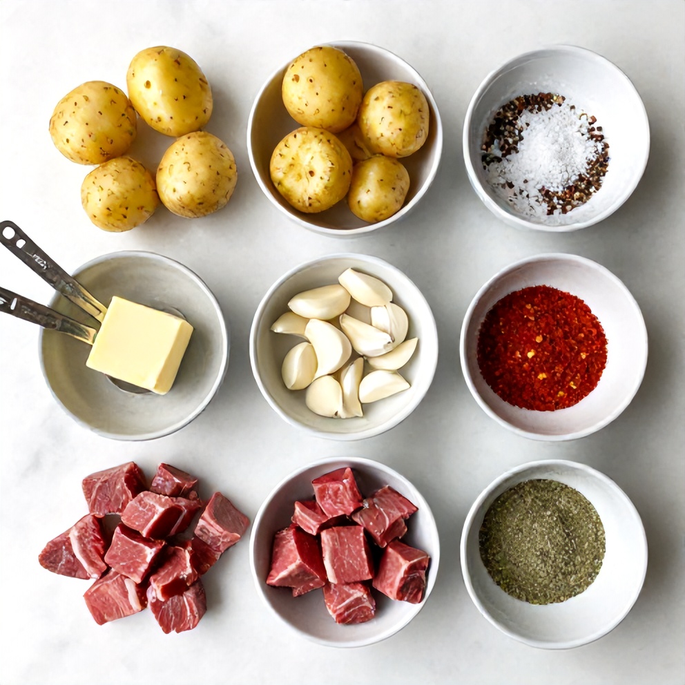 Ingredients for garlic butter steak bites with potatoes