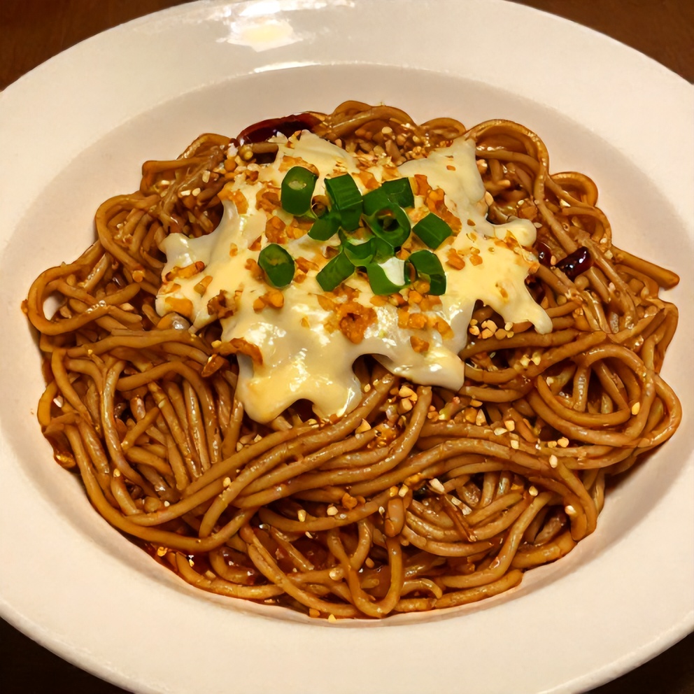 Plated serving of Garlic Chili Oil Noodles on a white bowl, garnished with green onions, showing melty cheese and crispy garlic.