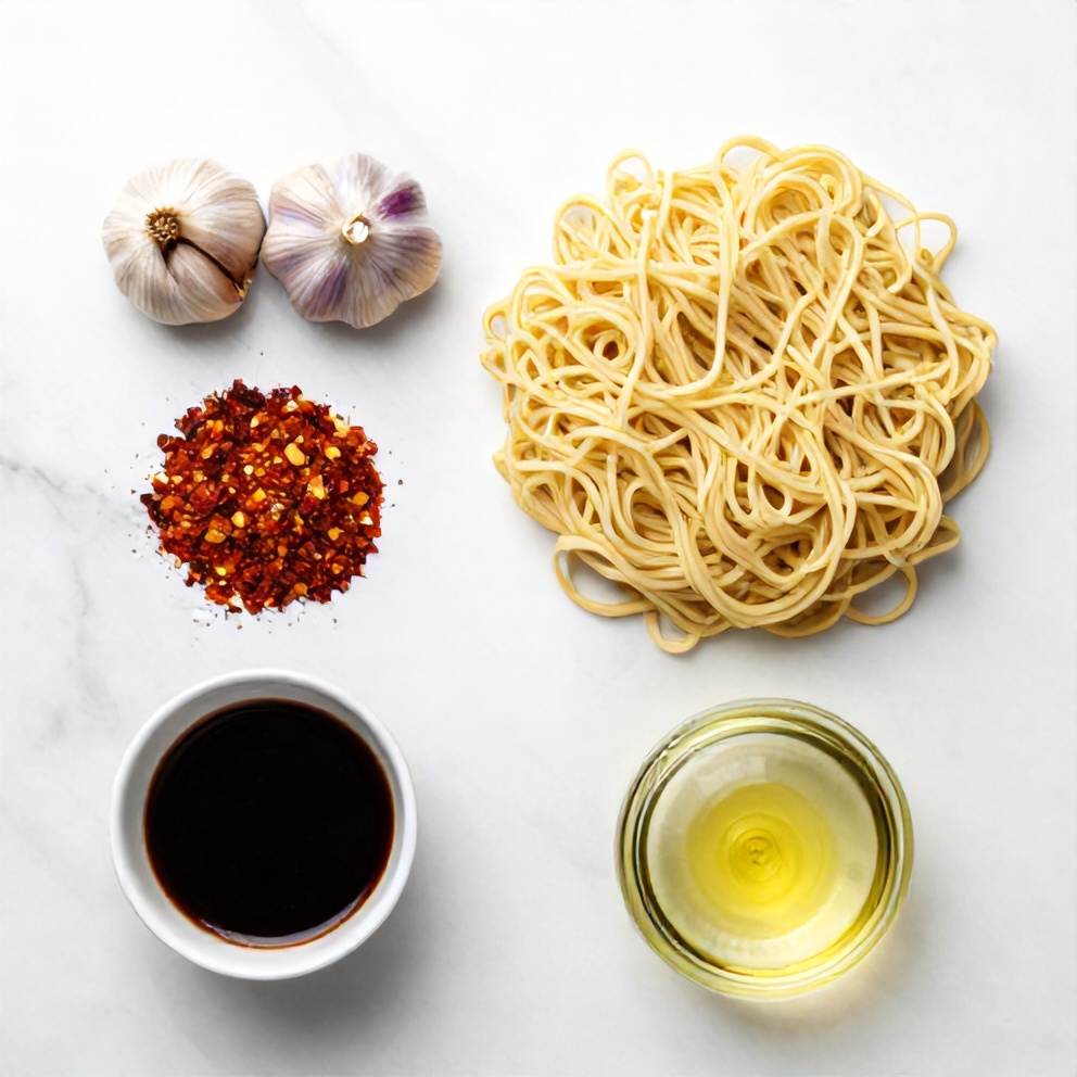 Overhead flat lay of garlic, red chili flakes, noodles, soy sauce, and vegetable oil on a white marble surface.