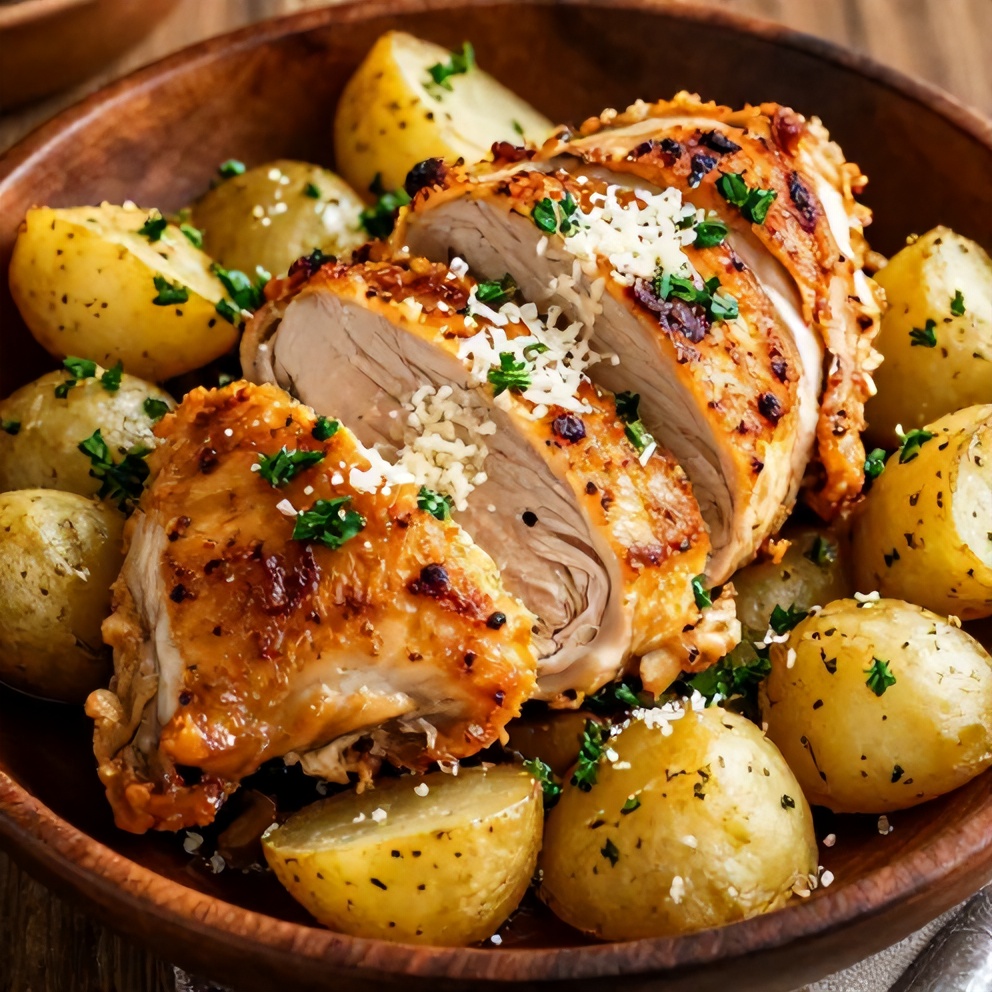 Plated Garlic Parmesan Chicken and Potatoes