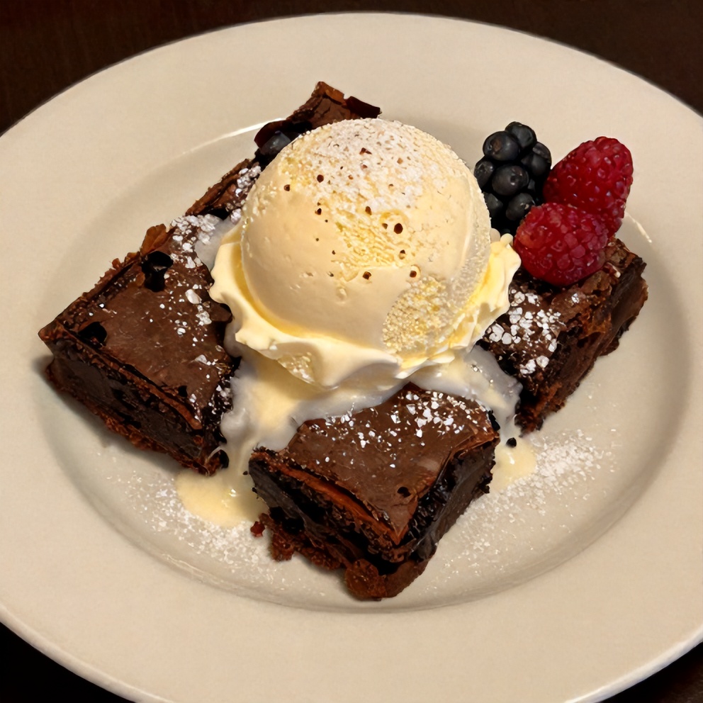 A slice of Easy Gooey Brownie Pie on a plate with a scoop of vanilla ice cream
