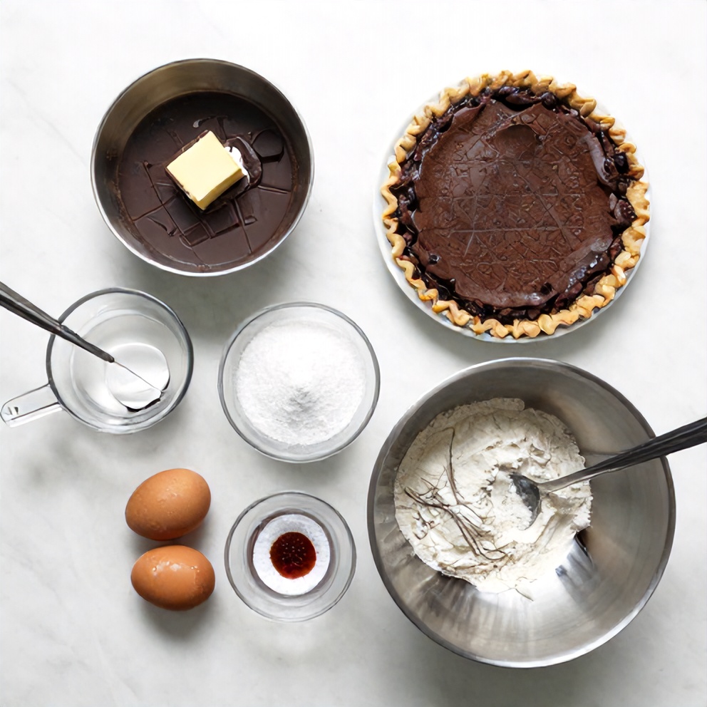 Ingredients for Easy Gooey Brownie Pie laid out on a marble counter