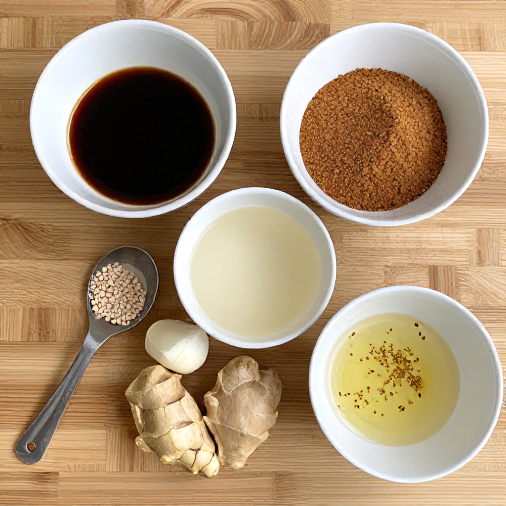 Raw ingredients for bibimbap sauce on a wooden surface