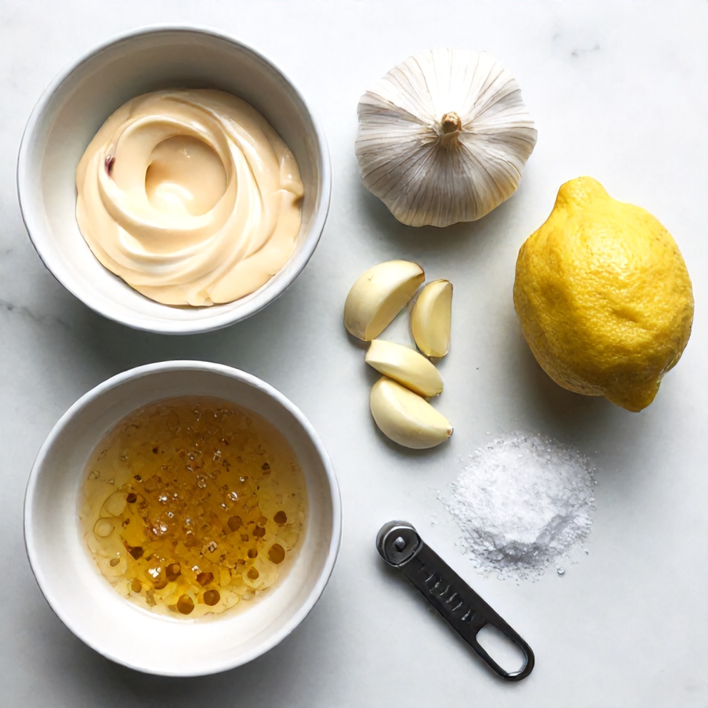 Garlic, egg, lemon juice, Dijon mustard, salt, and olive oil arranged in a flat lay