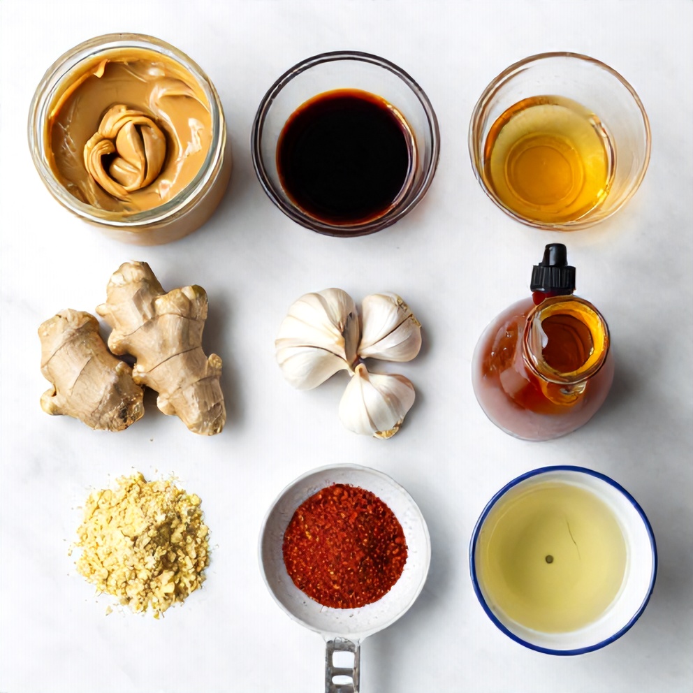 Ingredients for homemade peanut sauce laid out