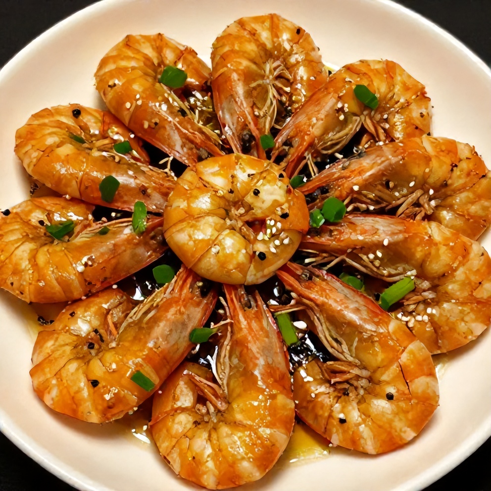 Plated honey garlic shrimp with green onions and sesame seeds