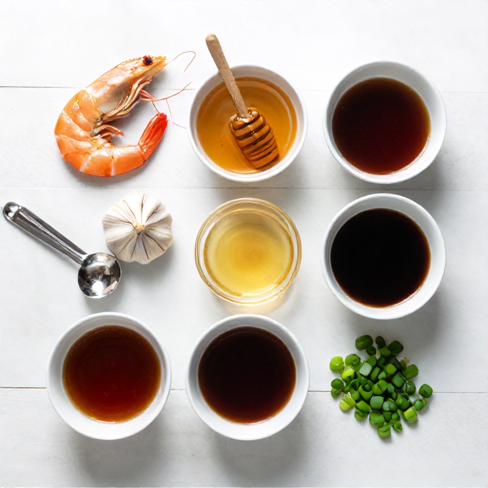 Raw shrimp, garlic, honey, soy sauce, and green onions arranged in a flat lay
