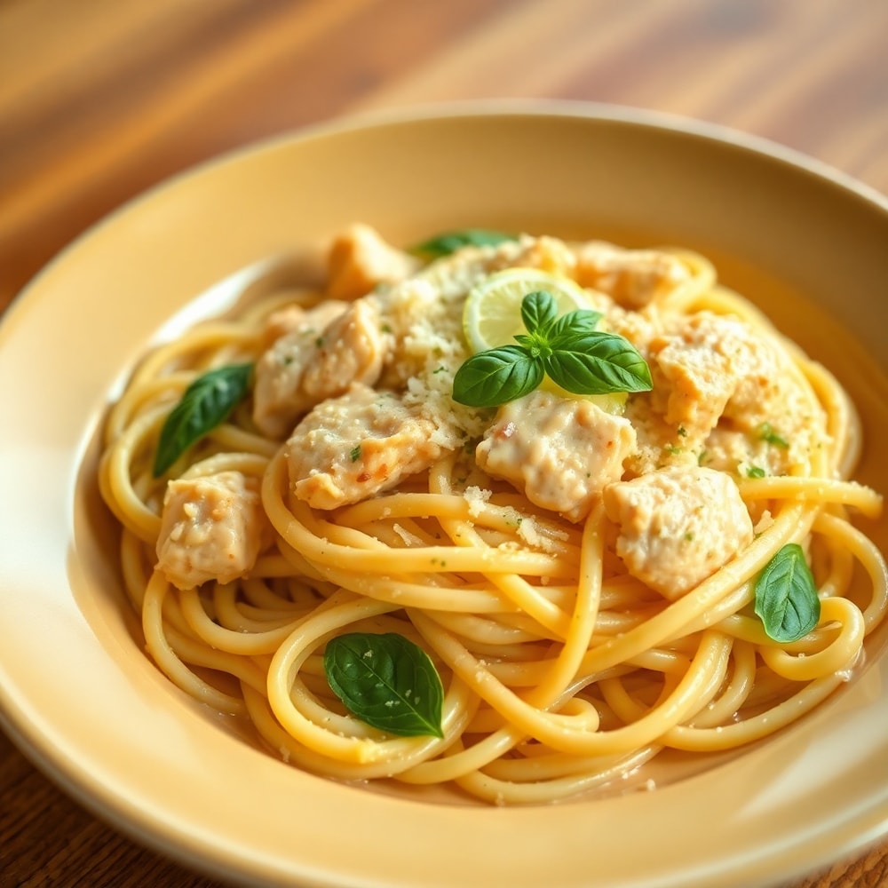Plated Lemon Chicken Pasta with Garlic Bread