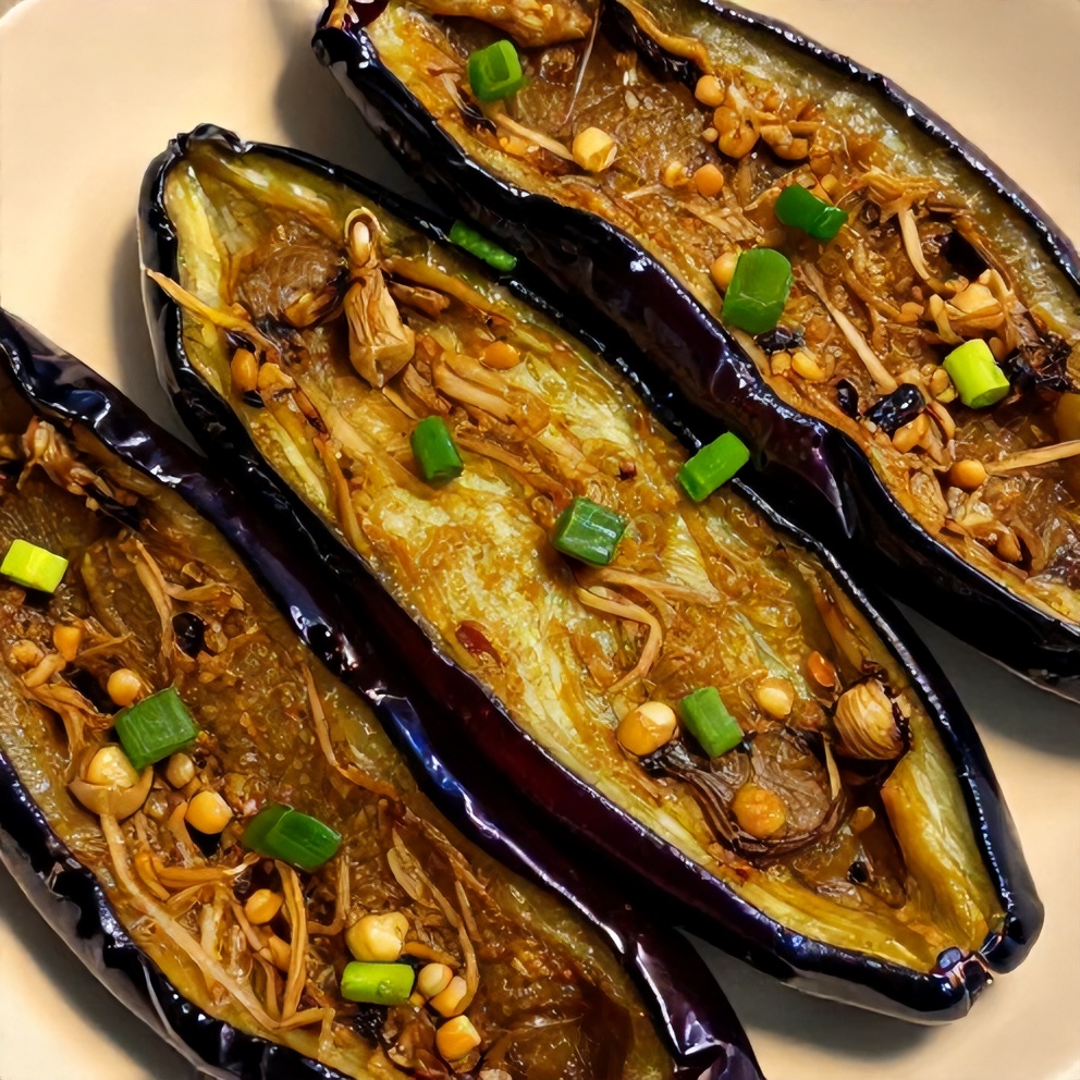 Miso Glazed Eggplant on a plate with green onions