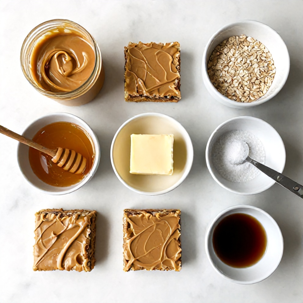 Ingredients for no-bake peanut butter oat bars on a marble counter