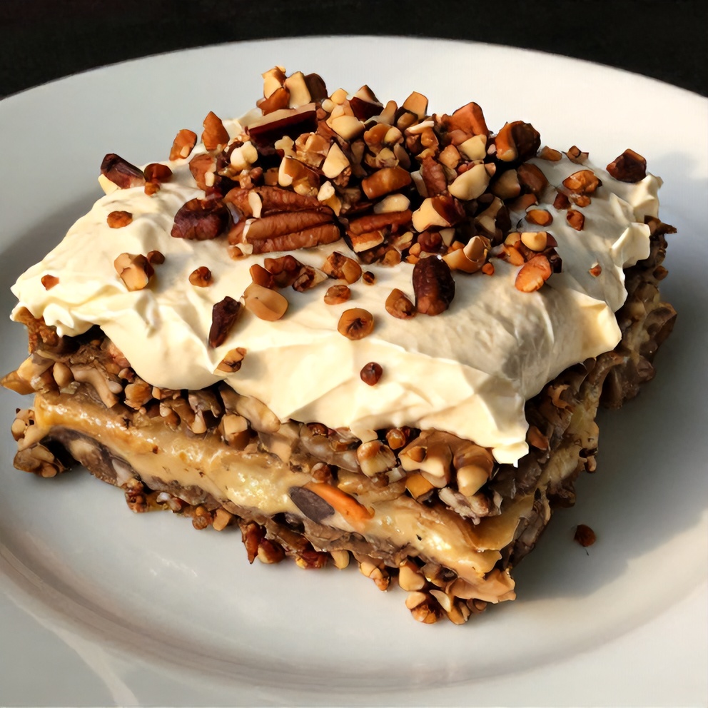 Sliced No-Bake Pecan Pie Lasagna on a plate with whipped cream