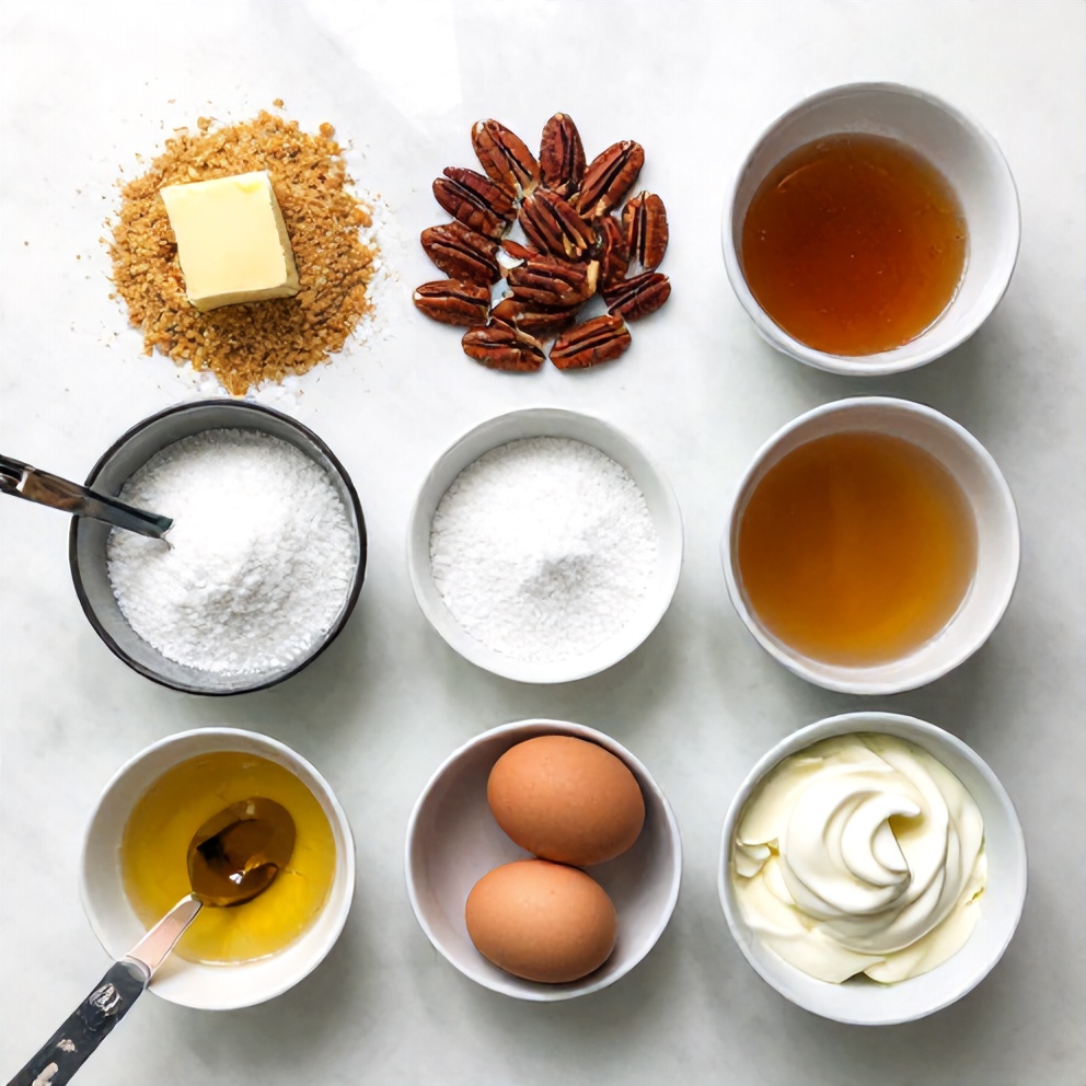 Raw ingredients for No-Bake Pecan Pie Lasagna on a wooden surface