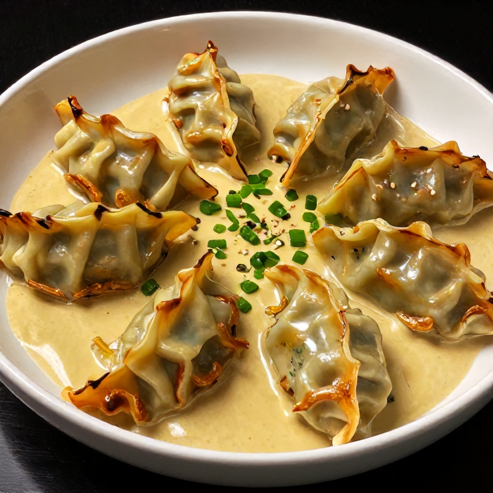 One pan baked dumplings with creamy curry sauce plated