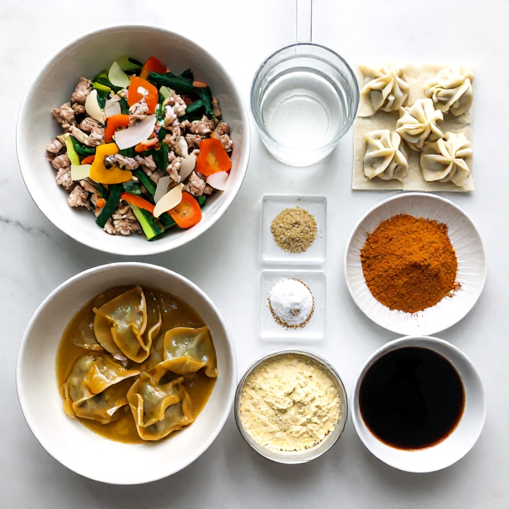 Raw ingredients for one pan baked dumplings with curry sauce
