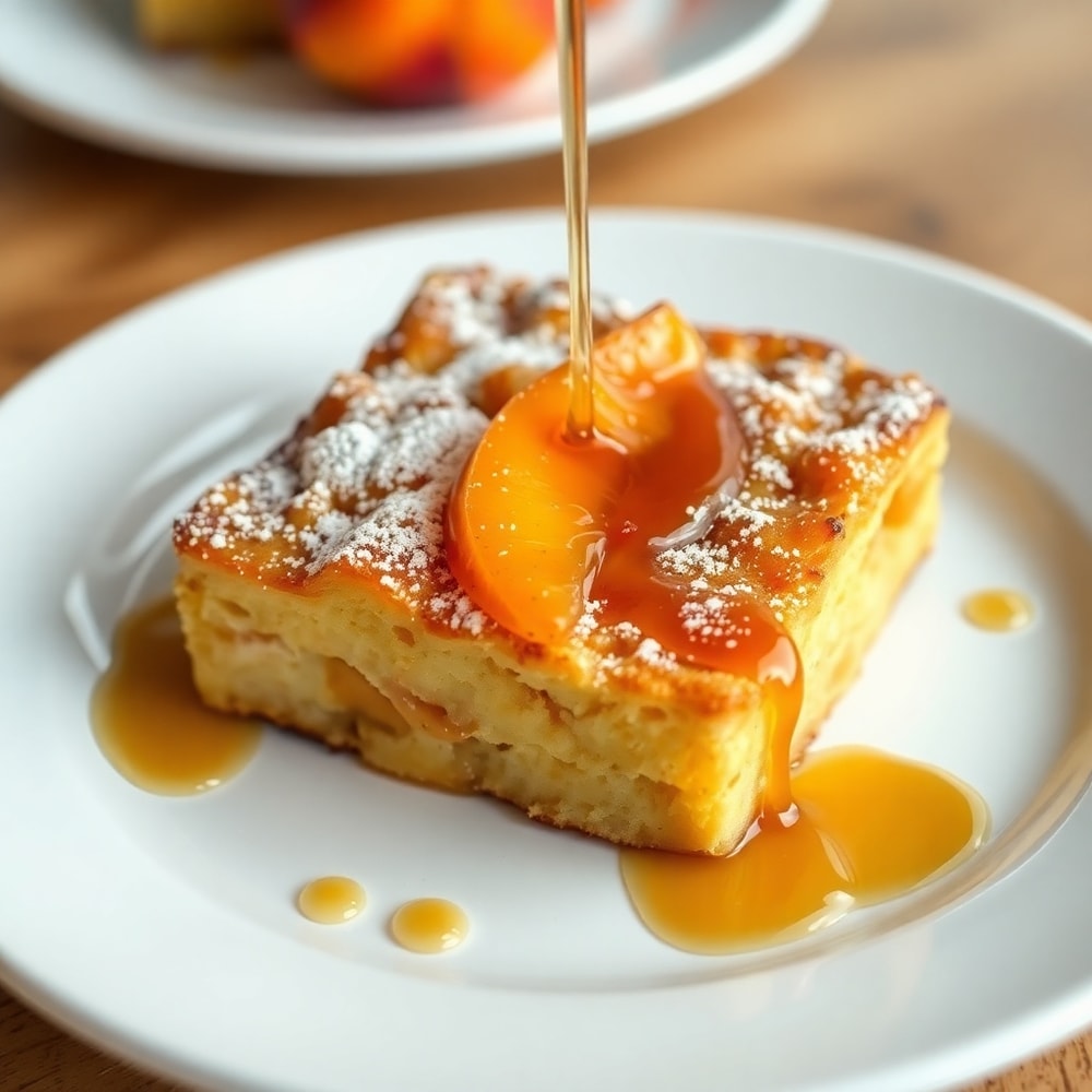 Plated Peach Cobbler French Toast Bake with powdered sugar