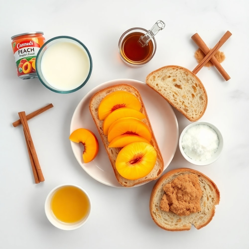 Raw ingredients for Peach Cobbler French Toast Bake on a marble surface