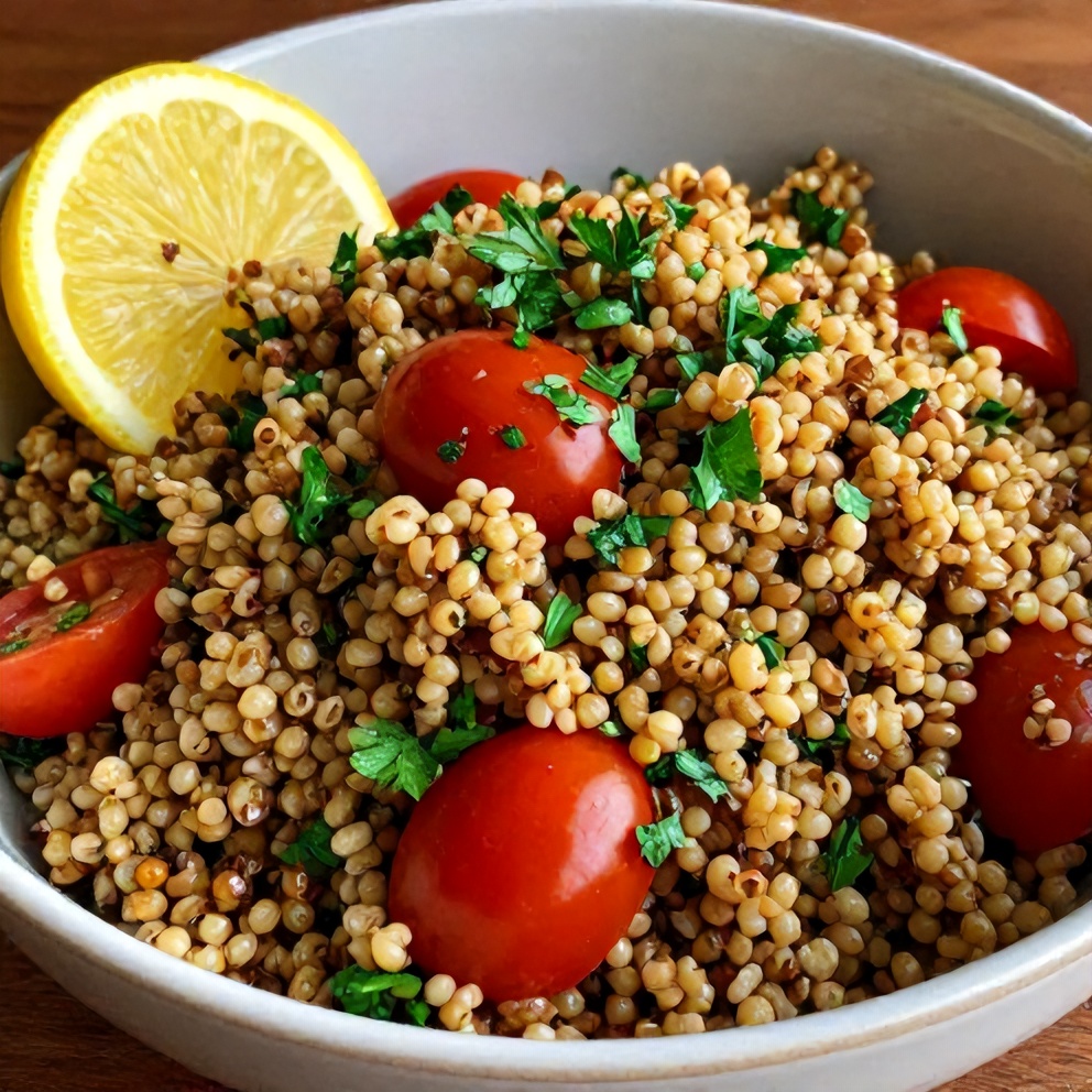 Plated Quinoa Tabbouleh Salad with lemon wedge