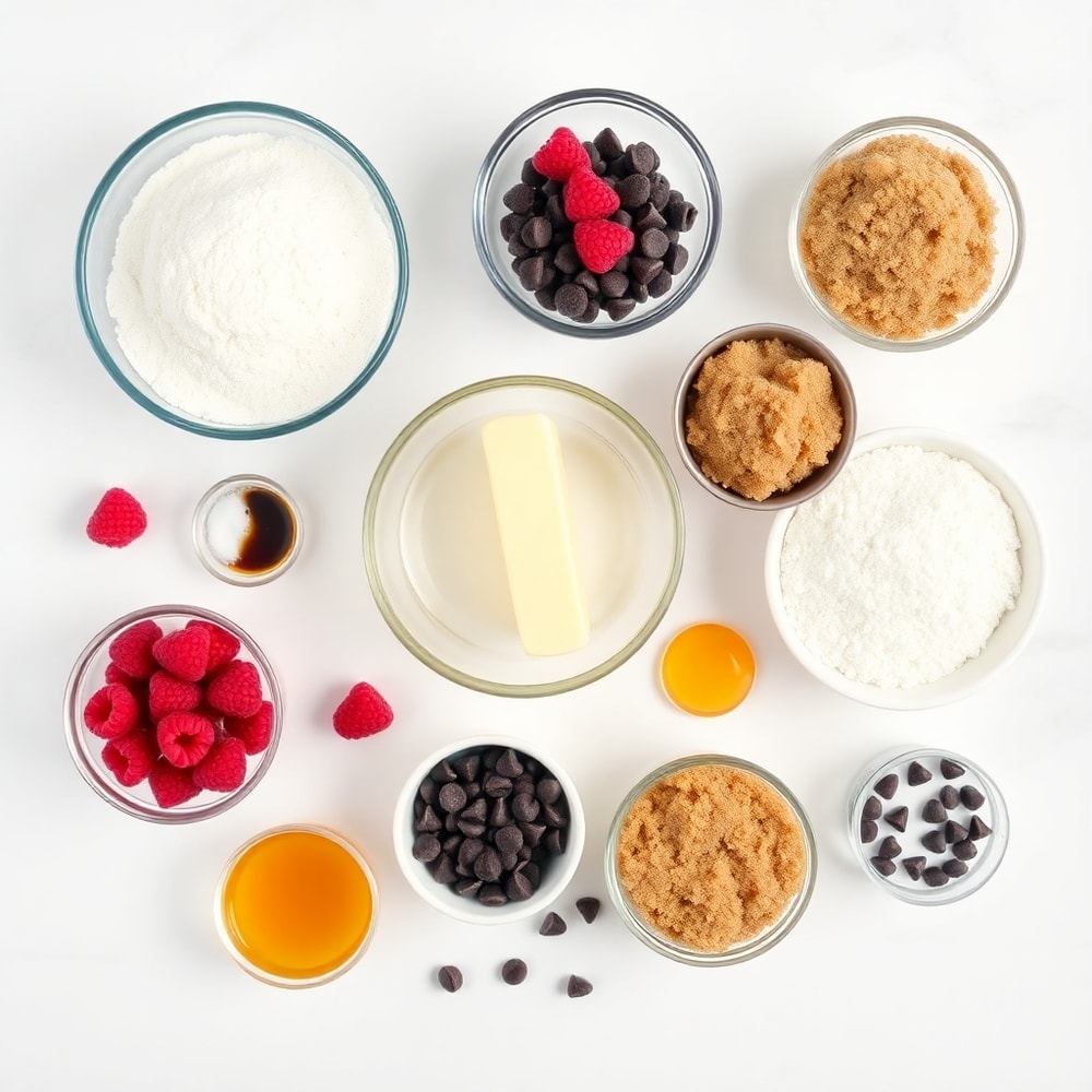 Ingredients for Raspberry Chocolate Chip Cookies on a marble surface