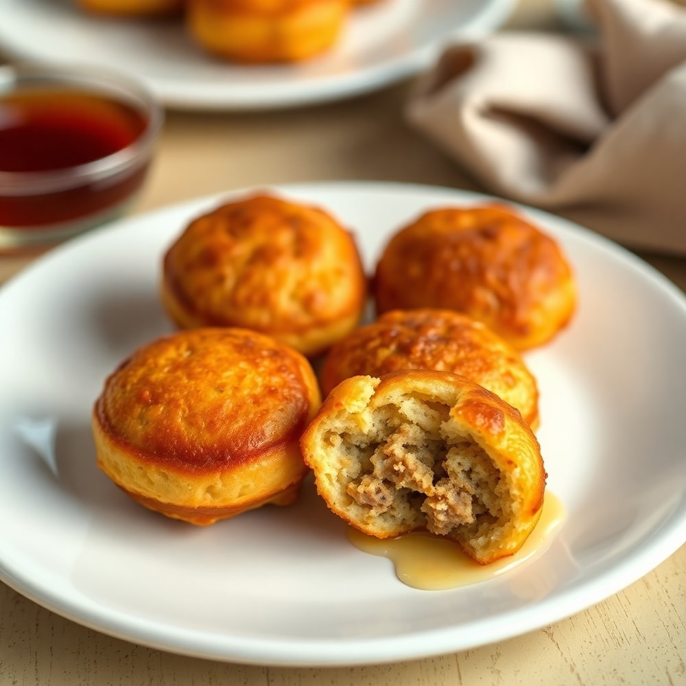 Sausage pancake bites on a plate with a side of maple syrup