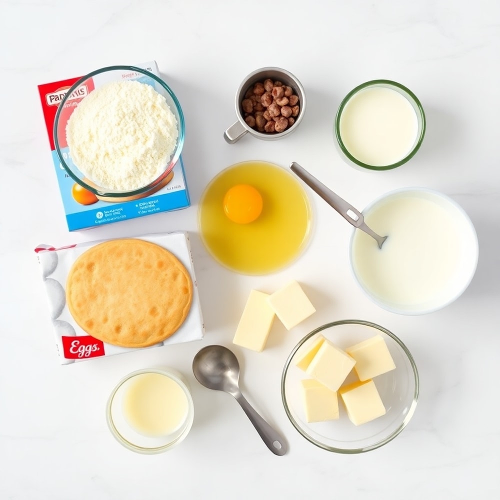Sausage, pancake mix, eggs, milk, and butter in a flat lay