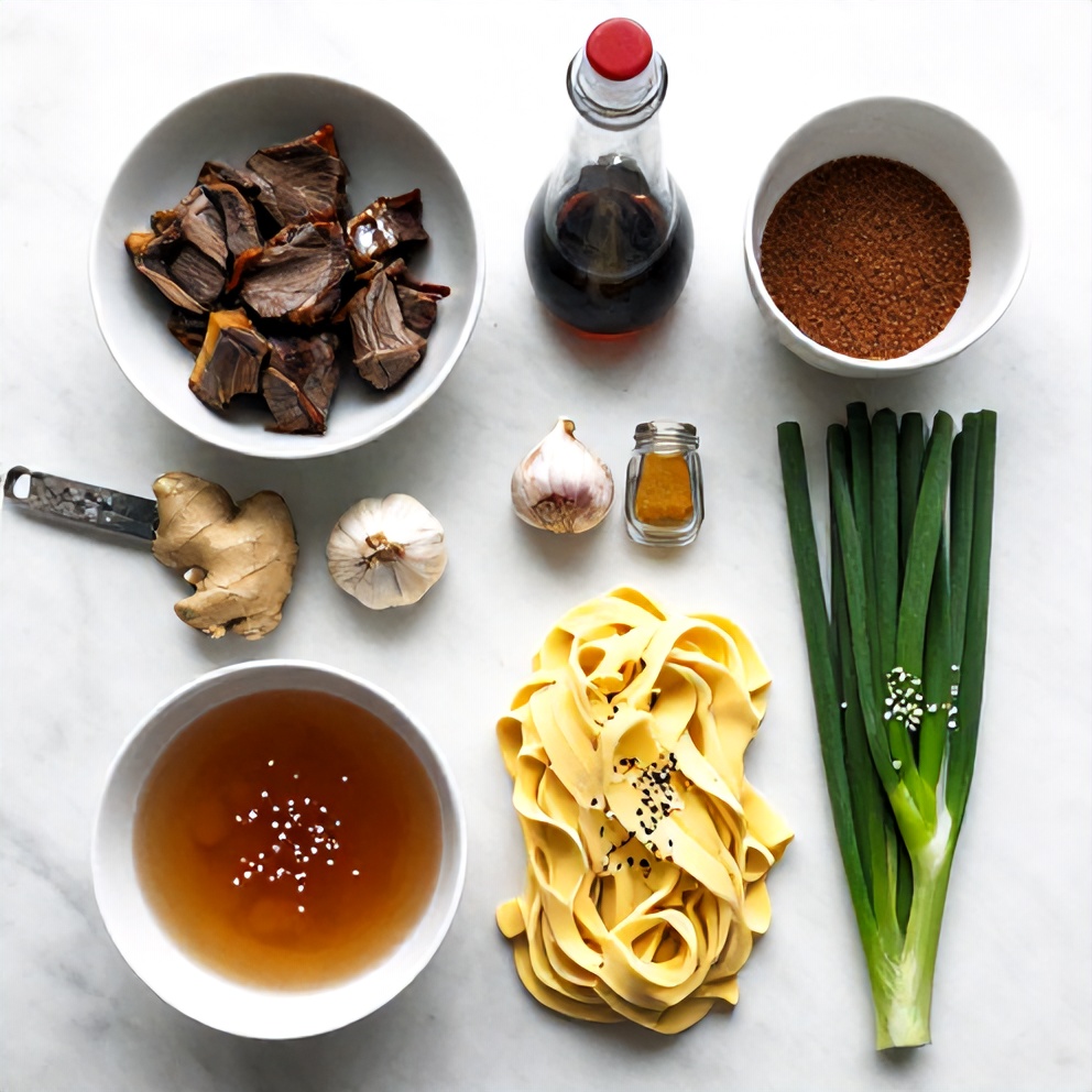 Raw ingredients for Slow Cooker Korean Beef Noodles on a wooden surface