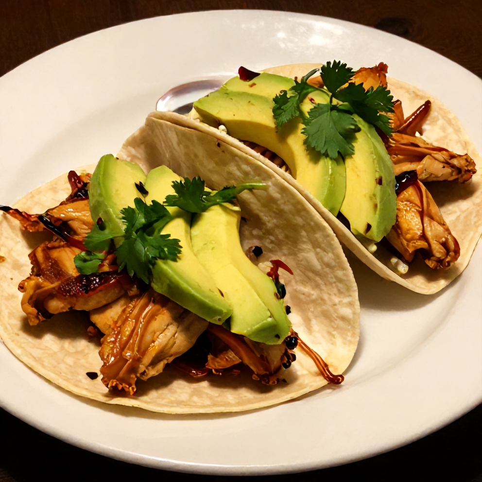 Plated Smash Chicken Tacos with avocado and lime