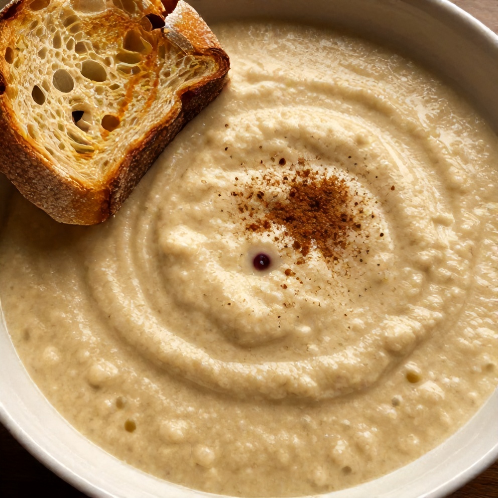 Bowl of creamy Spiced Cranberry Soup with a side of crusty bread