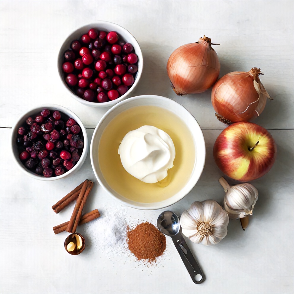 Flat lay of cranberries, onion, garlic, chicken broth, and spices for Spiced Cranberry Soup