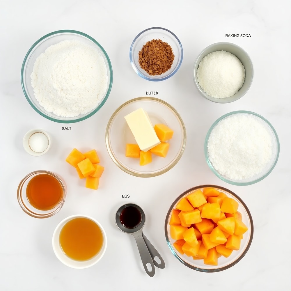 Ingredients for Easy Spiced Peach Bread on a marble surface