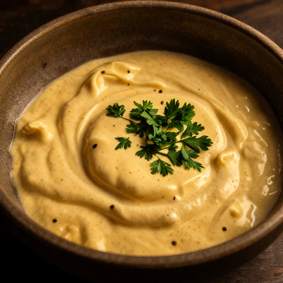 One serving of Spicy Garlic Butter Sauce plated on a rustic bowl, garnished with fresh parsley, warm side lighting highlighting creamy texture