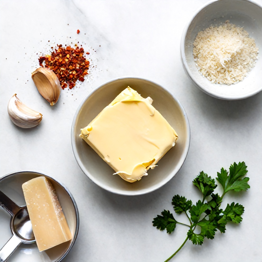 Overhead flat lay of butter, garlic, red pepper flakes, parmesan cheese, and parsley, measuring spoons and bowls visible, white marble surface, bright even light