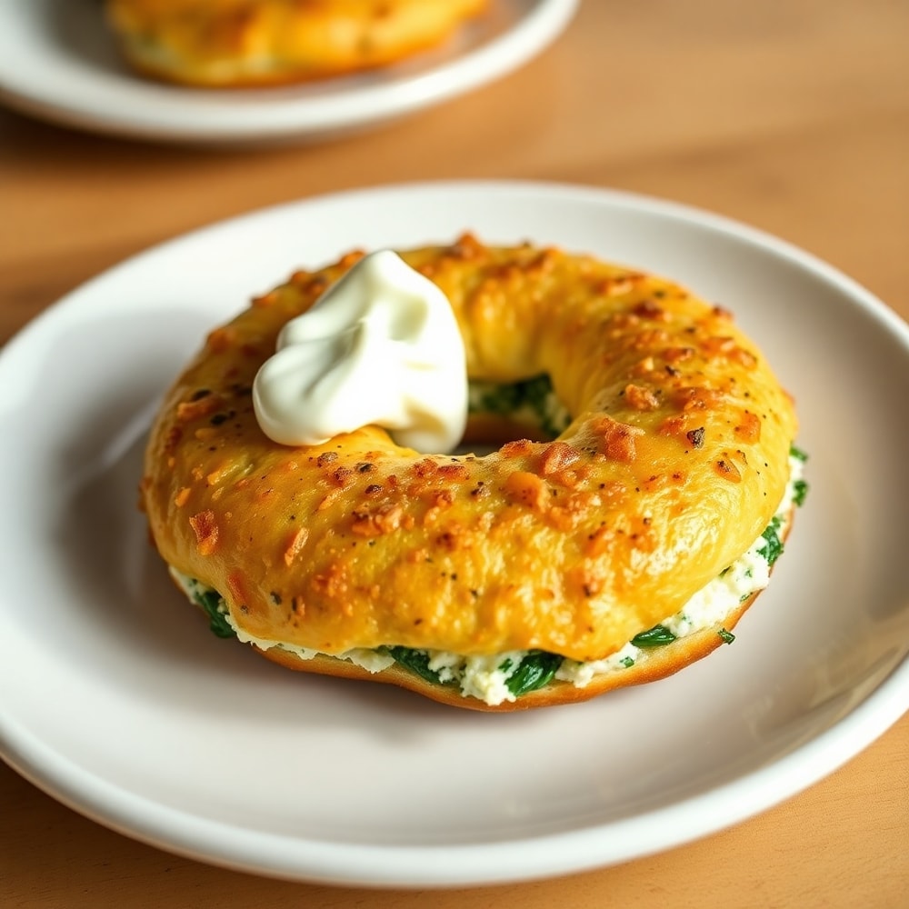 Plated Spinach Cottage Cheese Bagels with cream cheese