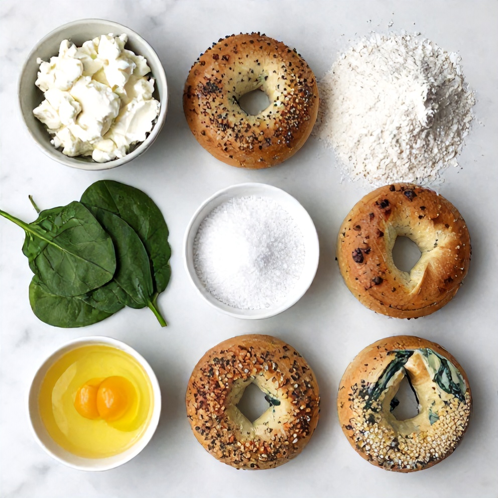 Raw ingredients for Spinach Cottage Cheese Bagels on a marble surface