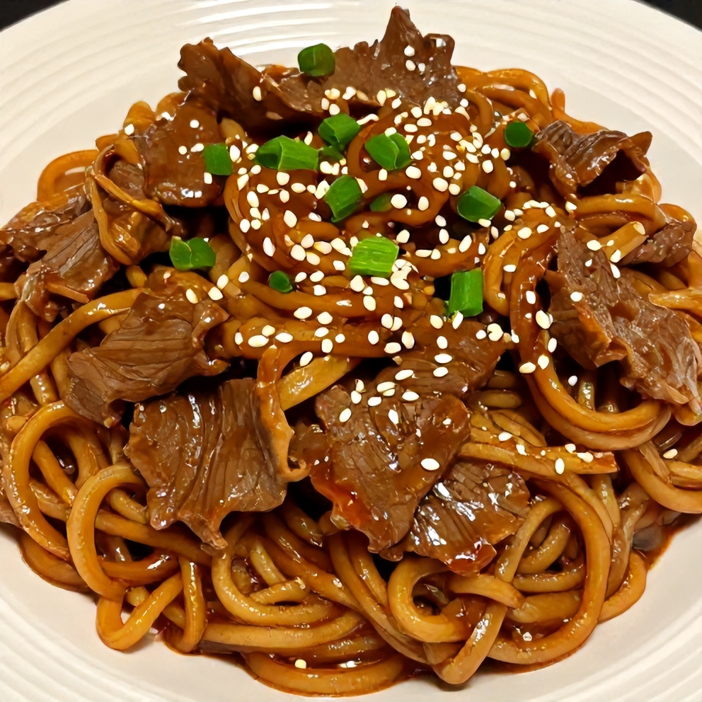 Close-up of Easy Sticky Beef Noodles