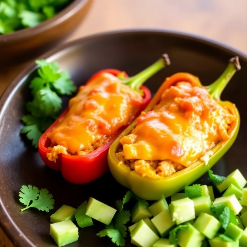 Plated Easy Stuffed Bell Peppers with a side of green salad