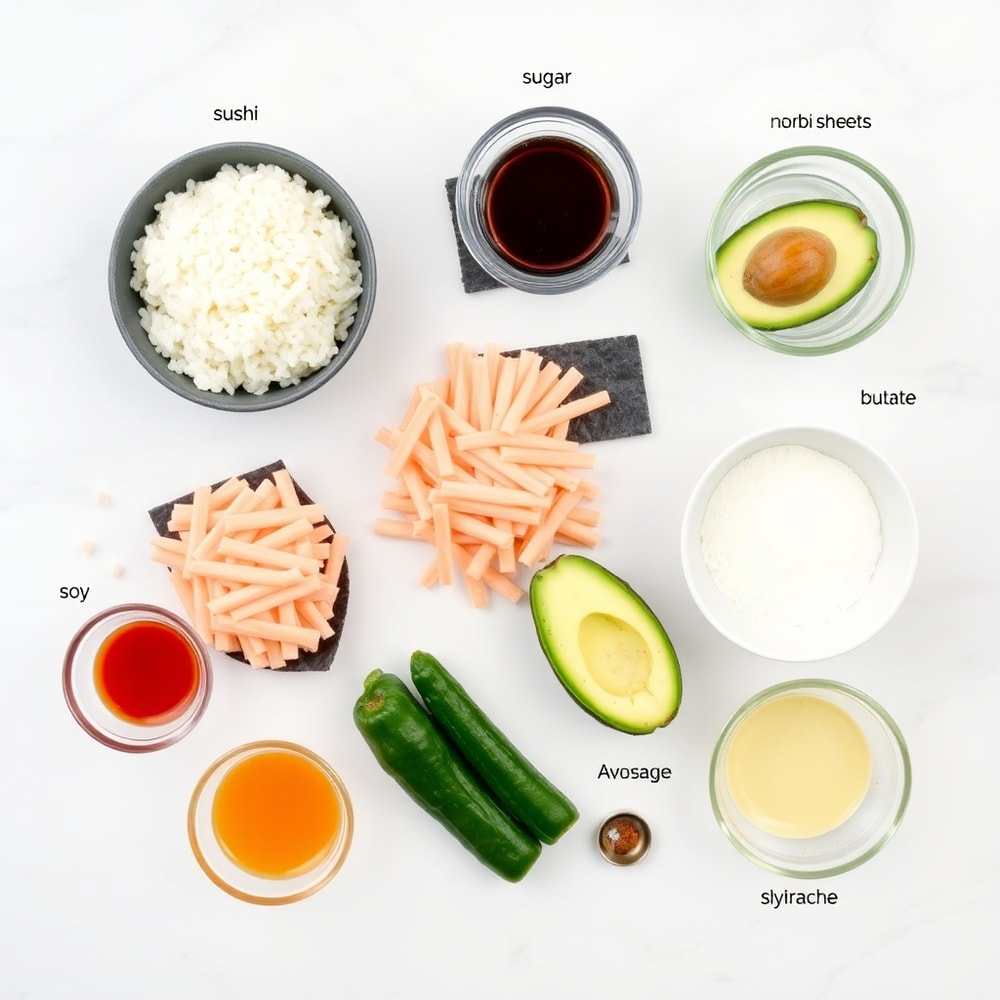 Raw ingredients for Easy Sushi Bake on a white marble surface