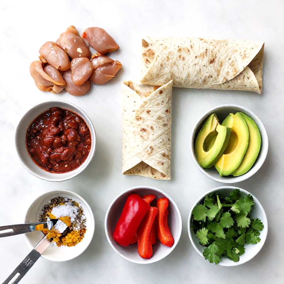 Raw ingredients for Sweet Chili Chicken Wraps on a marble surface