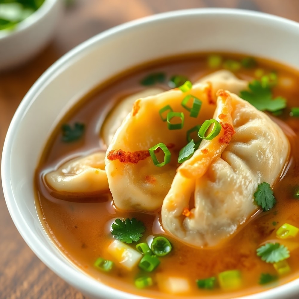 Bowl of Thai Potsticker Soup with crispy potstickers