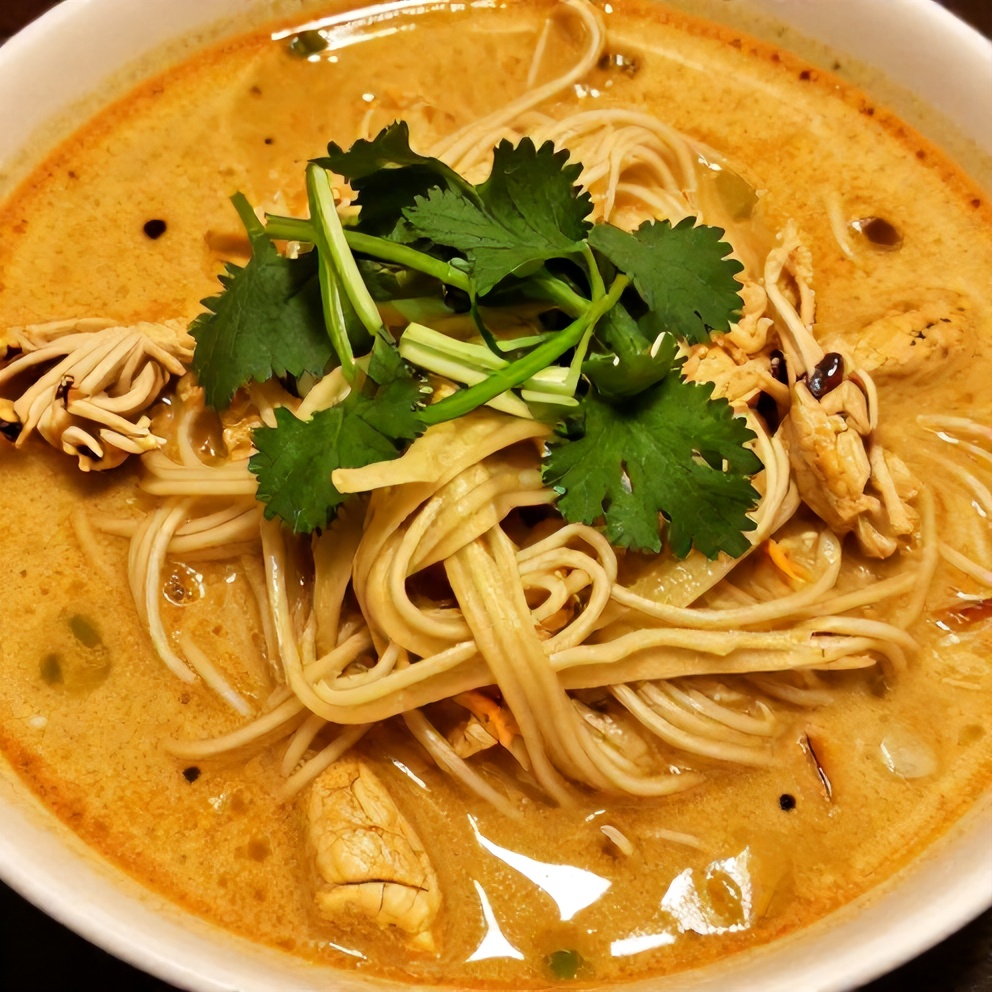 Thai Red Curry Noodle Soup served in a bowl with fresh cilantro and green onions