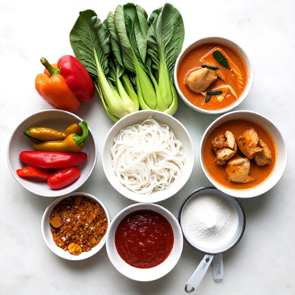 Thai Red Curry Noodle Soup ingredients including rice noodles, chicken, vegetables, and spices arranged on a wooden surface