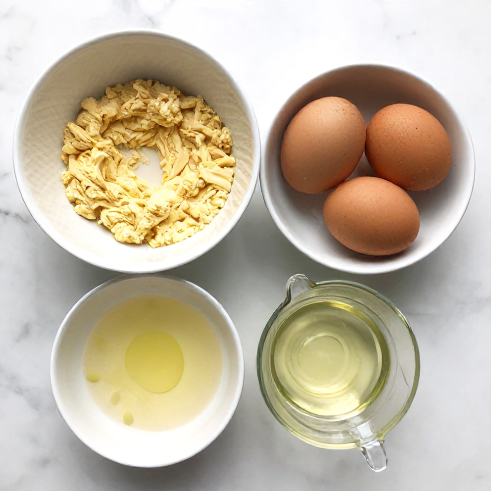 Cake mix, eggs, oil, and vanilla extract arranged in prep bowls